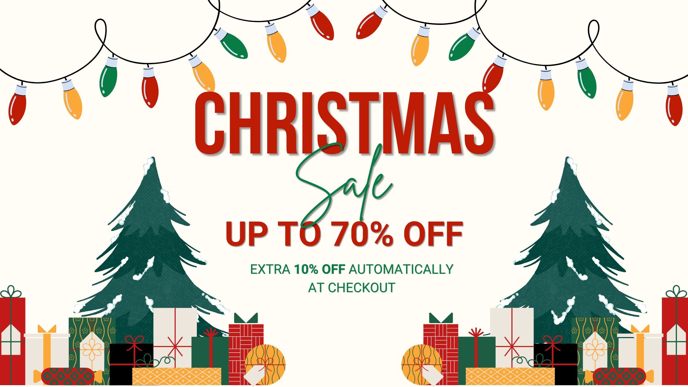 Christmas sale banner with trees, presents, and lights on a white background